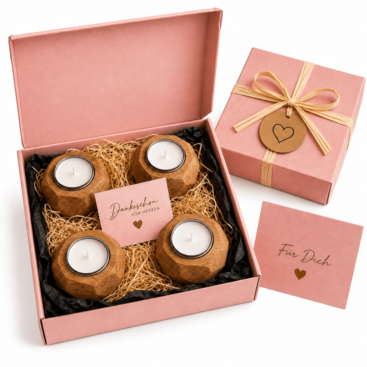 4er Geschenkset Teelichthalter aus Eiche – handgefertigte Unikate - Wood-24
