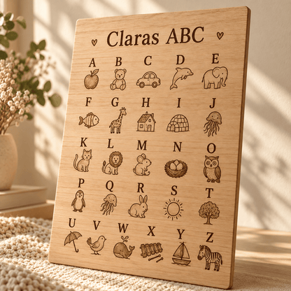 ABC-Freund – Personalisiertes Alphabet-Poster aus Holz, Gravur und Holzdetail; digitale Gestaltungsvisualisierung