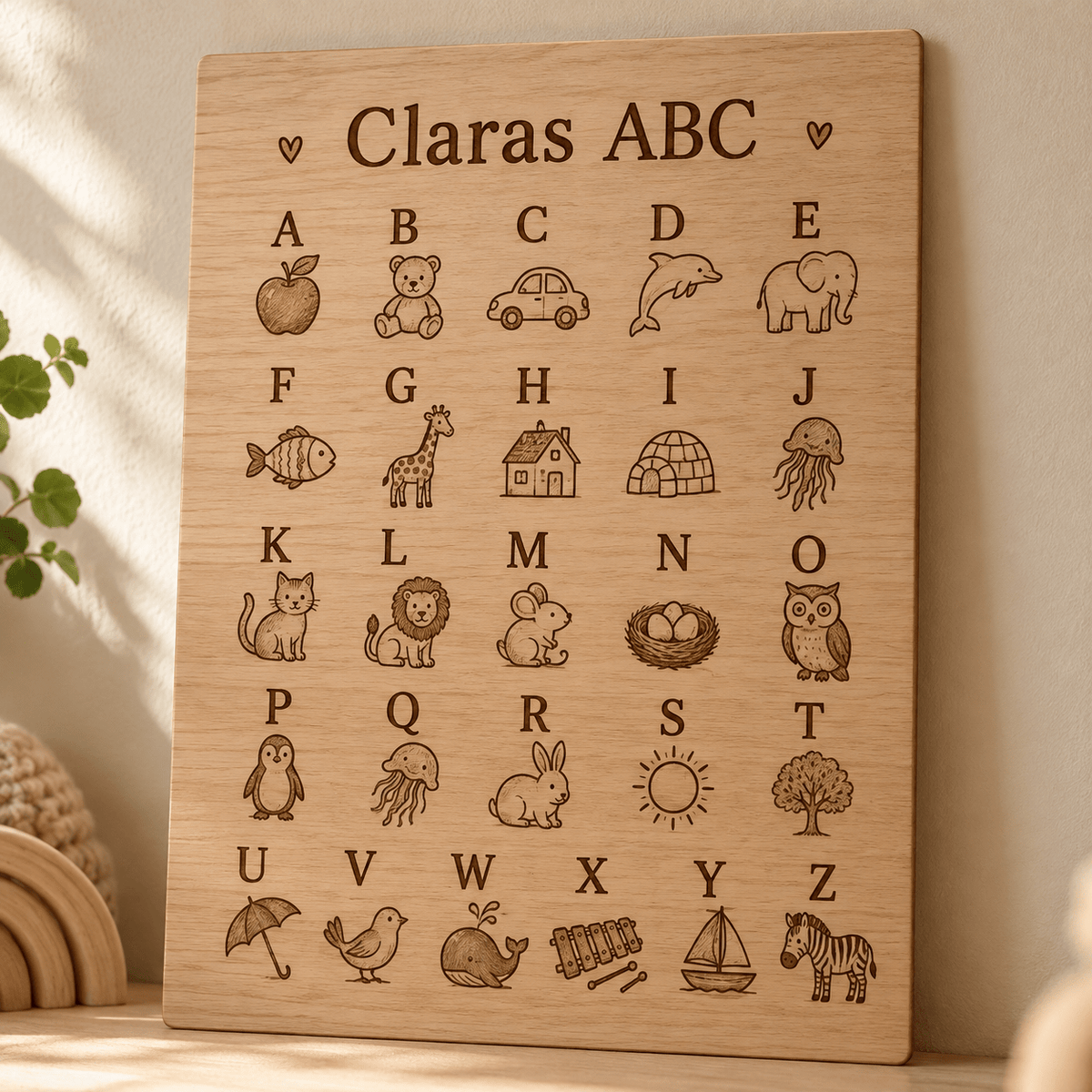 ABC-Freund – Personalisiertes Alphabet-Poster aus Holz, Produktansicht; digitale Gestaltungsvisualisierung