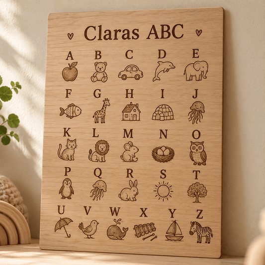 ABC-Freund – Personalisiertes Alphabet-Poster aus Holz, Produktansicht; digitale Gestaltungsvisualisierung