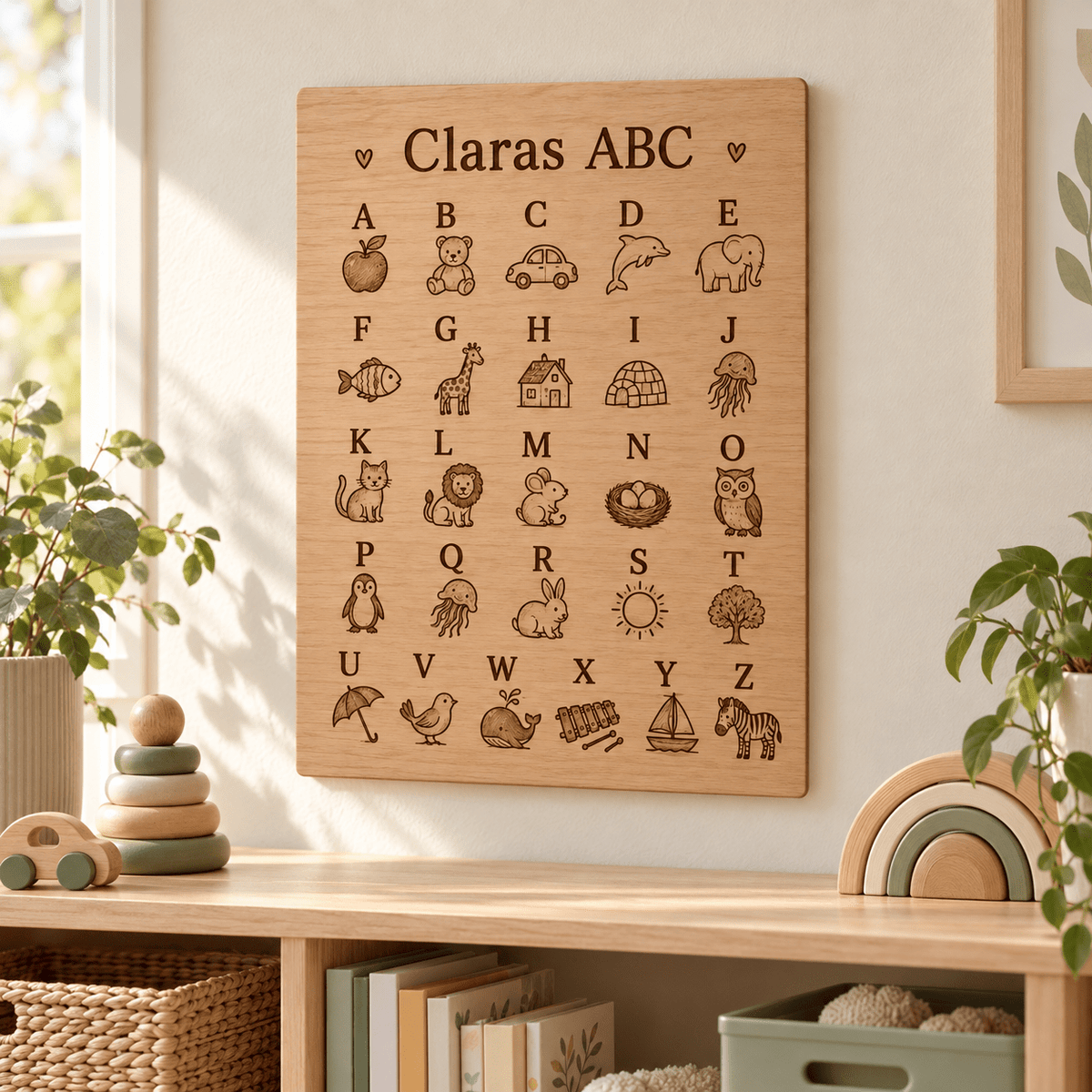 ABC-Freund – Personalisiertes Alphabet-Poster aus Holz, Kinderzimmer-Beispiel; digitale Gestaltungsvisualisierung