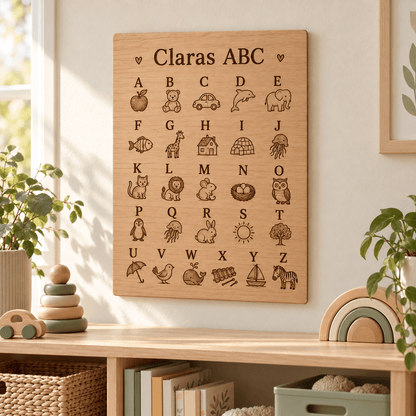ABC-Freund – Personalisiertes Alphabet-Poster aus Holz, Kinderzimmer-Beispiel; digitale Gestaltungsvisualisierung