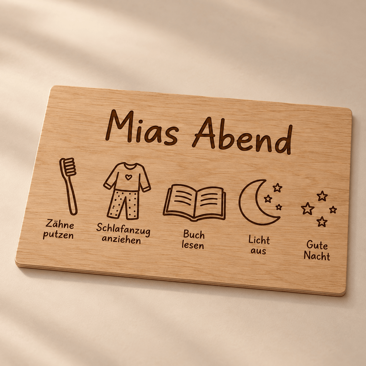 Abendruhe – Personalisierte Abendroutine-Tafel, Produktansicht; digitale Gestaltungsvisualisierung