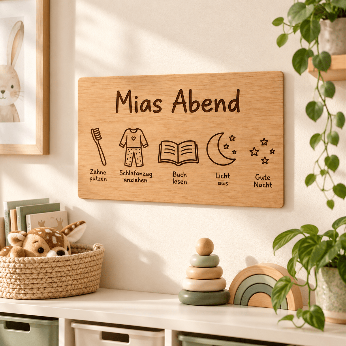 Abendruhe – Personalisierte Abendroutine-Tafel, Kinderzimmer-Beispiel; digitale Gestaltungsvisualisierung