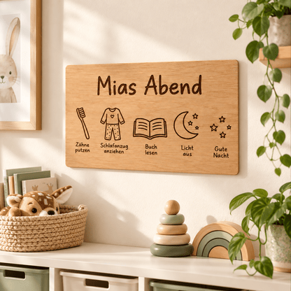 Abendruhe – Personalisierte Abendroutine-Tafel, Kinderzimmer-Beispiel; digitale Gestaltungsvisualisierung