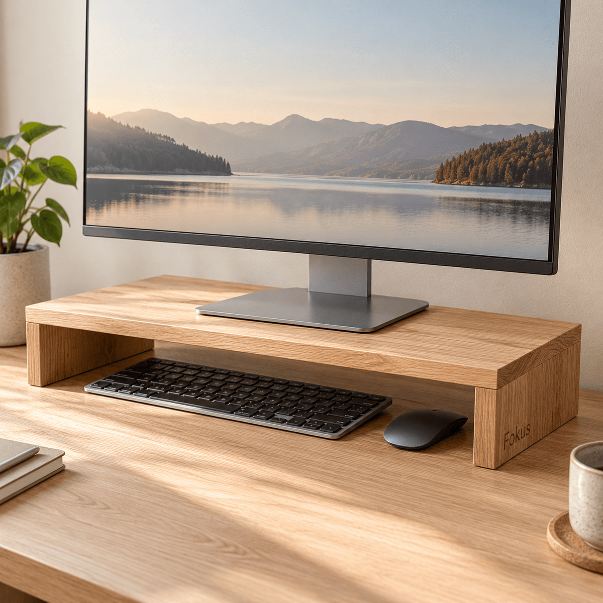 Augenhöhe – Monitorpodest aus Eiche mit Tastaturfach – Beispielgravur Fokus