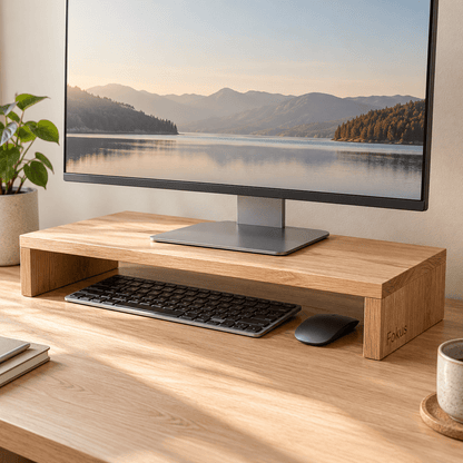 Augenhöhe – Monitorpodest aus Eiche mit Tastaturfach – Beispielgravur Fokus