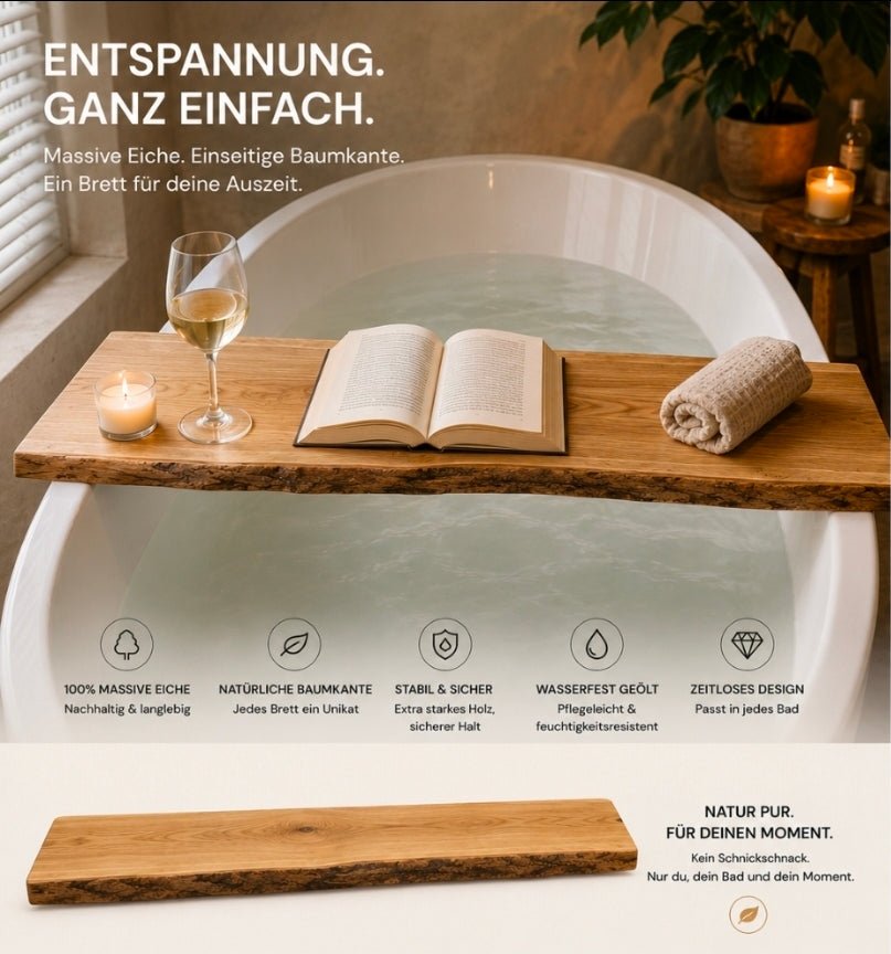 Badewannenbrett aus massiver Eiche mit Baumkante - Wood-24