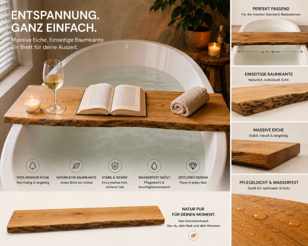 Badewannenbrett aus massiver Eiche mit Baumkante - Wood-24