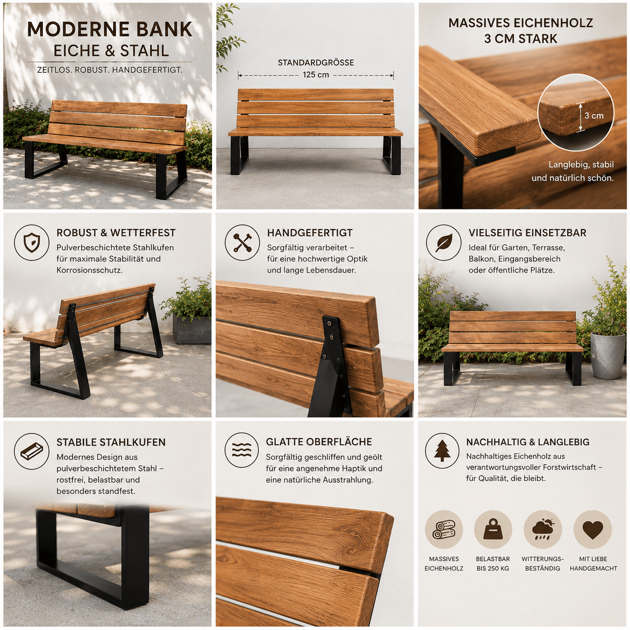 Bank Rinka aus massiver Eiche, schräges Bankgestell - Wood-24