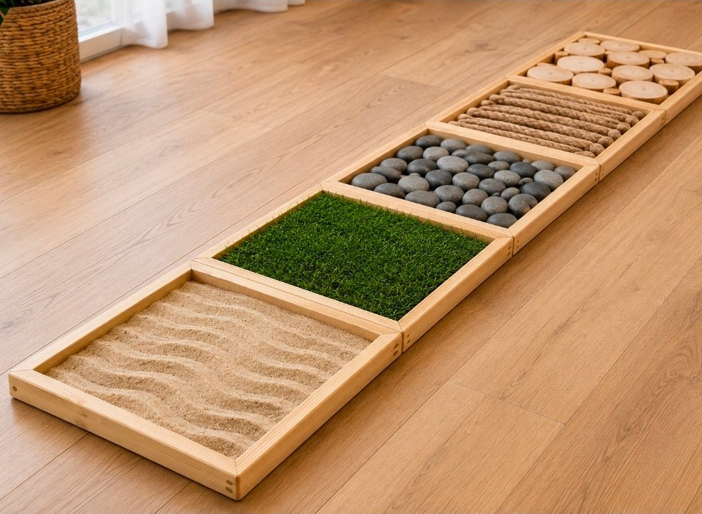 Barfußpfad für Zuhause | Sensorikplatten aus Holz | 5 Oberflächen - Wood-24