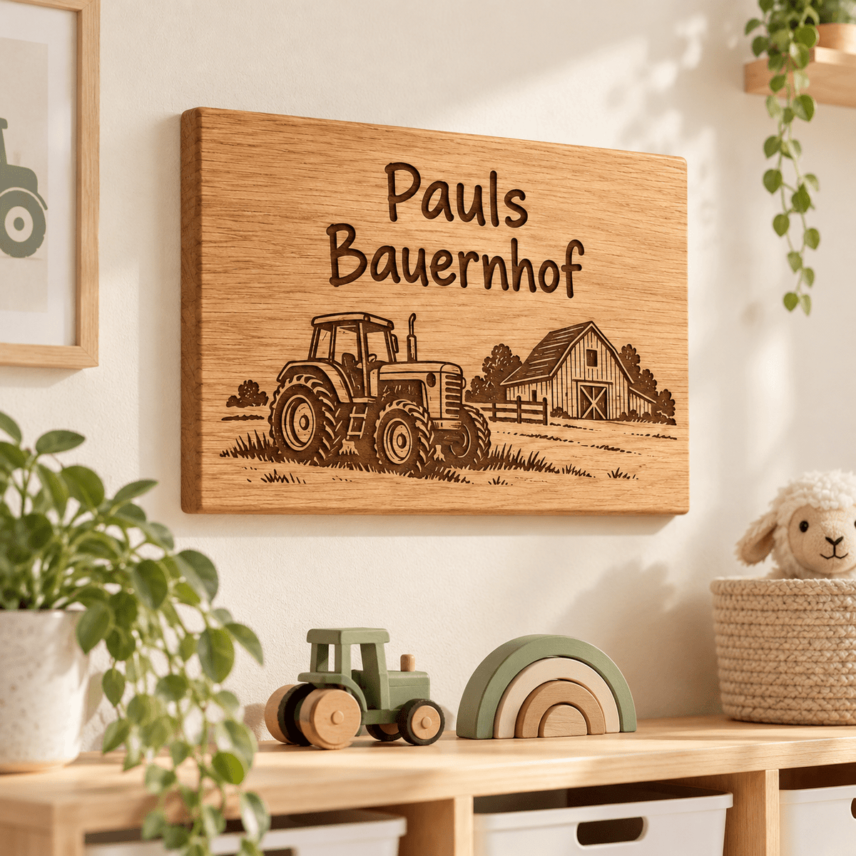 Bauernhofzeit – Kinderzimmer-Wandschild Traktor, Kinderzimmer-Beispiel; digitale Gestaltungsvisualisierung