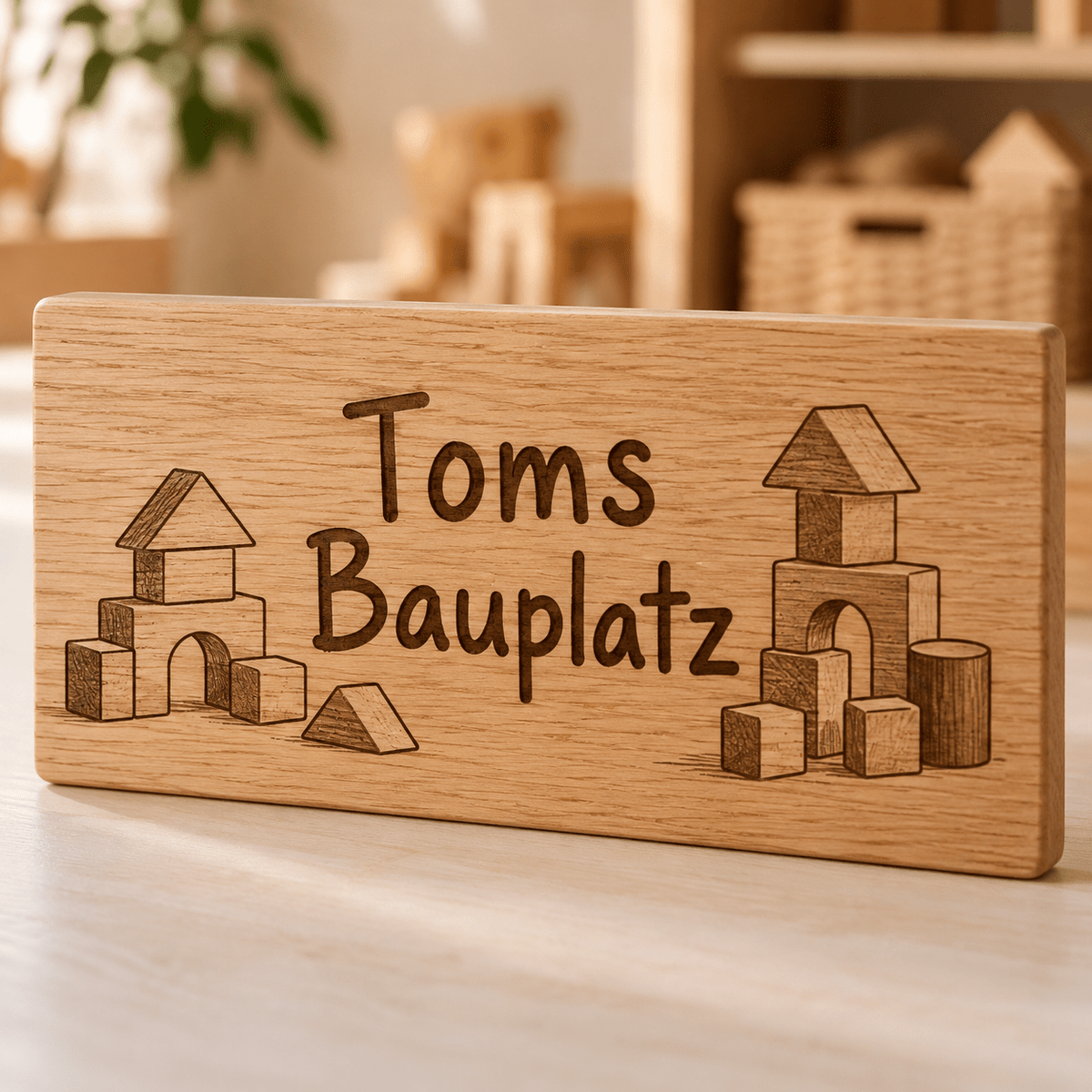 Bauplatz – Personalisiertes Schild für die Bauecke, Produktansicht; digitale Gestaltungsvisualisierung