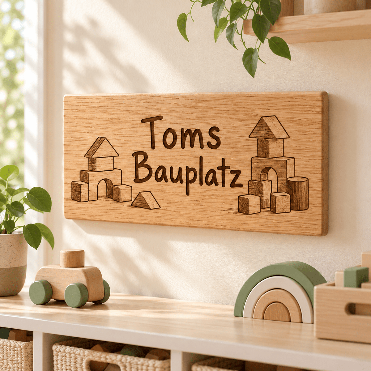 Bauplatz – Personalisiertes Schild für die Bauecke, Kinderzimmer-Beispiel; digitale Gestaltungsvisualisierung