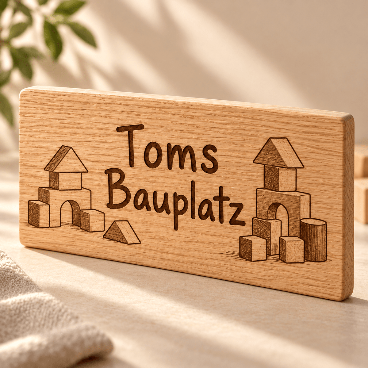Bauplatz – Personalisiertes Schild für die Bauecke, Gravur und Holzdetail; digitale Gestaltungsvisualisierung