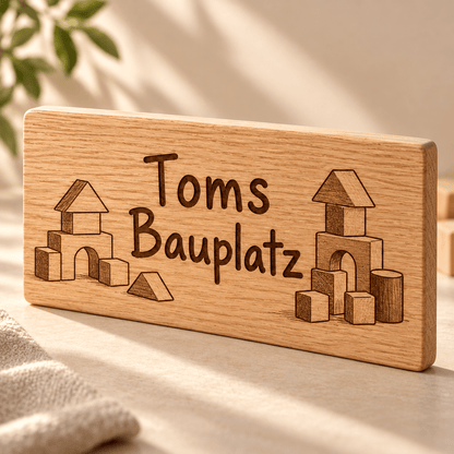 Bauplatz – Personalisiertes Schild für die Bauecke, Gravur und Holzdetail; digitale Gestaltungsvisualisierung