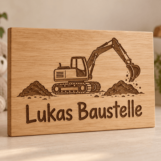 Baustellenchef – Kinderzimmer-Wandschild Bagger, Produktansicht; digitale Gestaltungsvisualisierung