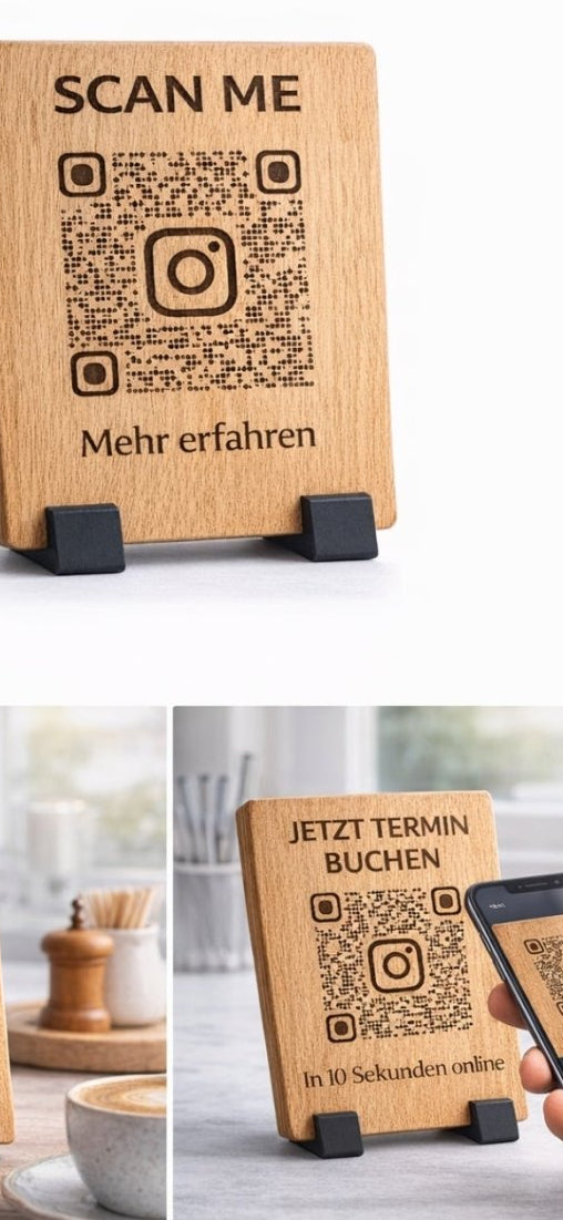 Eiche QR Code Schild personalisiert 15×25 cm – Instagram, Google Bewertung oder Terminbuchung – Holz graviert mit Halter - Woodequipment24