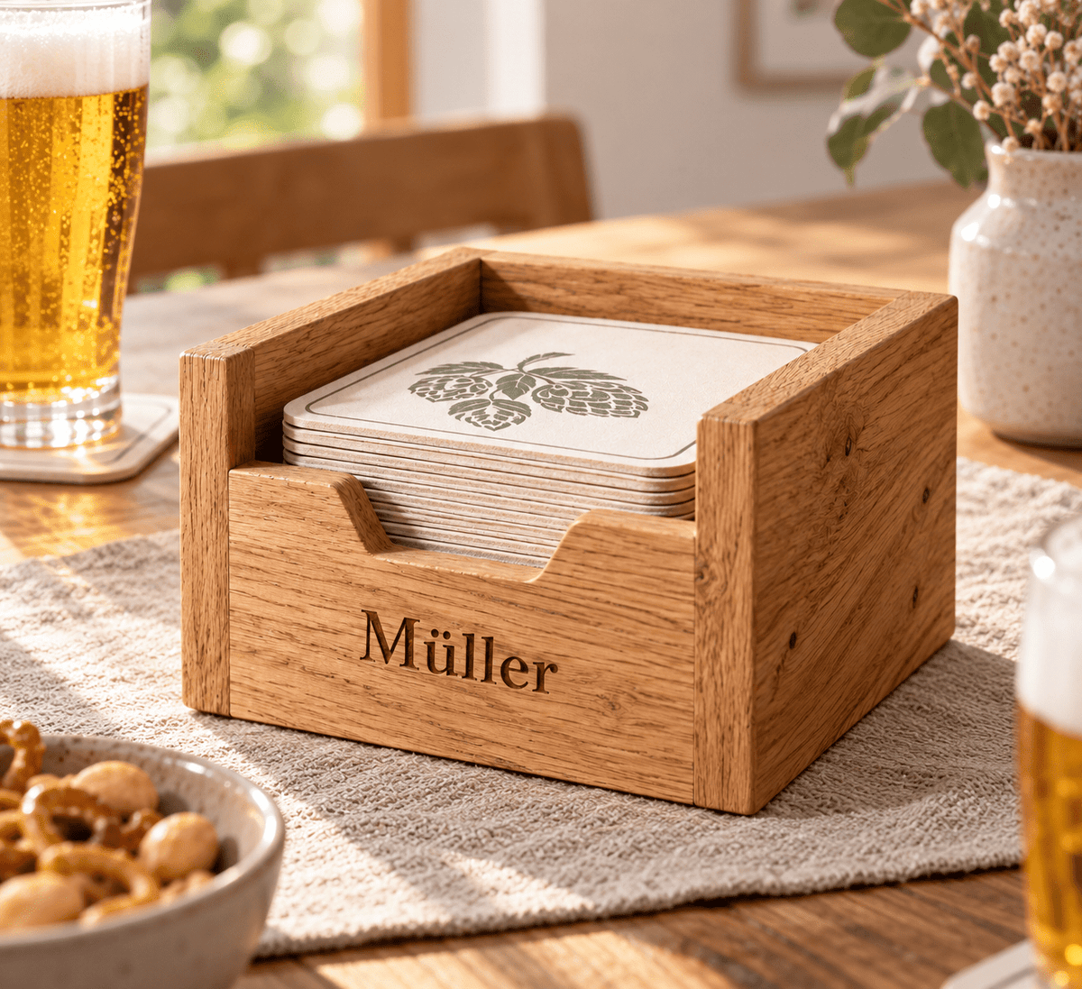 Bierdeckelplatz – Bierdeckelhalter aus Eiche im Einsatz
