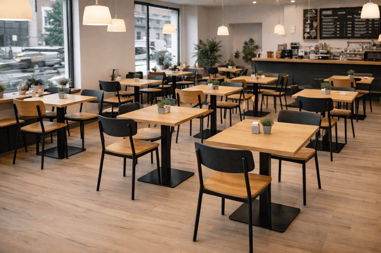 Bistro Tisch 70x70 cm – Eiche Furnier mit schwarzem Metallgestell | Café - & Gastronomietisch | Modern & Stabil - Woodequipment24