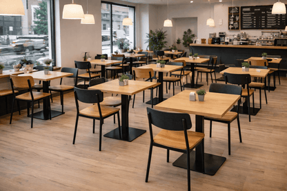 Bistro Tisch 70x70 cm – Eiche Furnier mit schwarzem Metallgestell | Café - & Gastronomietisch | Modern & Stabil - Woodequipment24