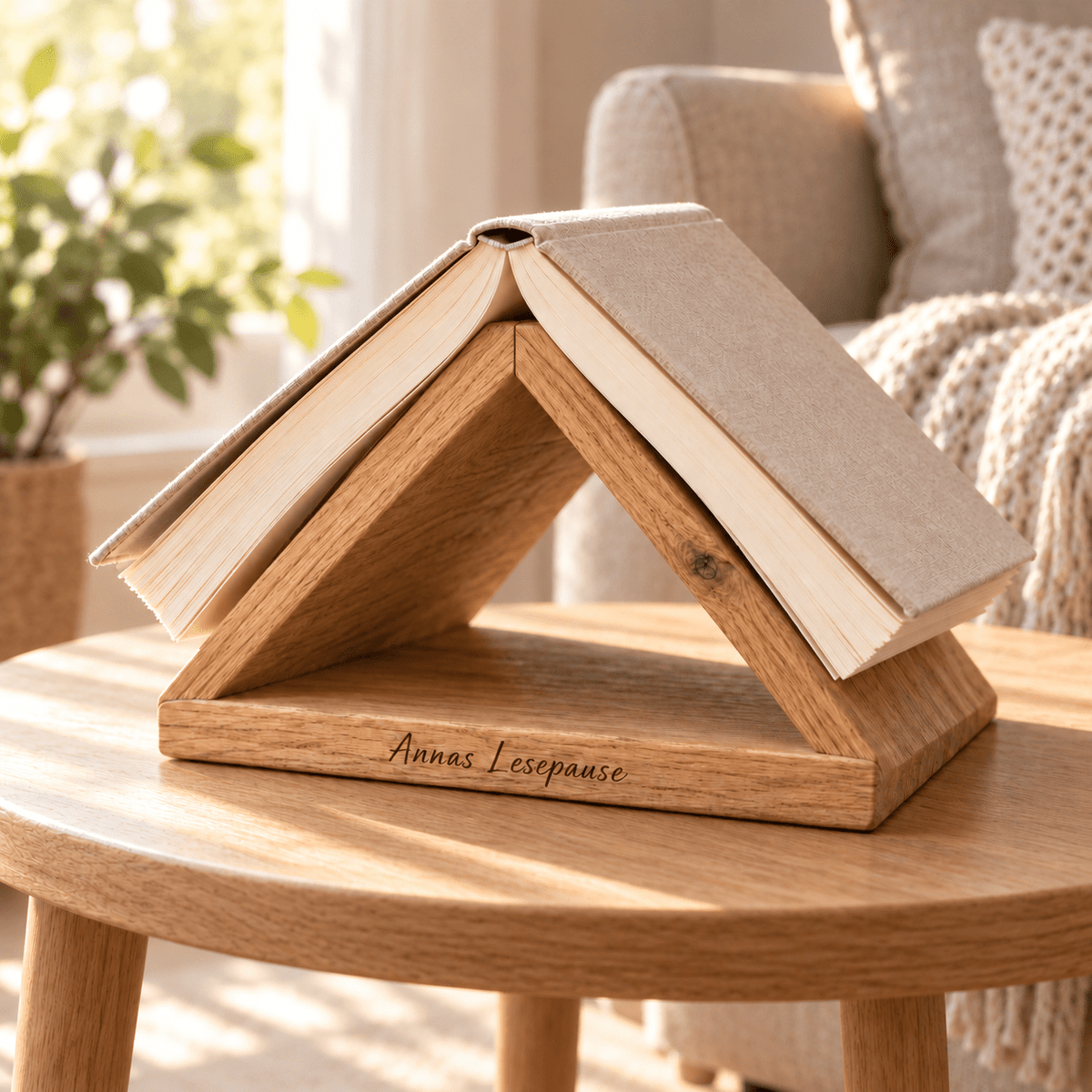 Buchablage aus Eiche als persönlicher Buchplatz neben einem Lesesessel