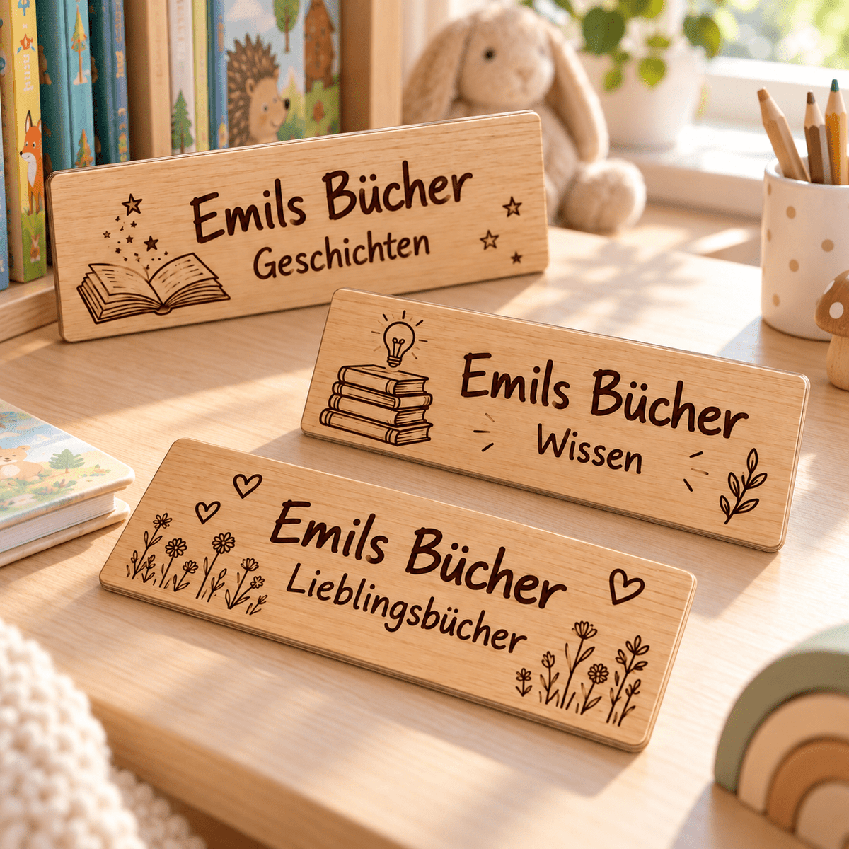 Bücherordnung – Personalisierte Bücherkisten-Schilder im 3er-Set, Kinderzimmer-Beispiel; digitale Gestaltungsvisualisierung