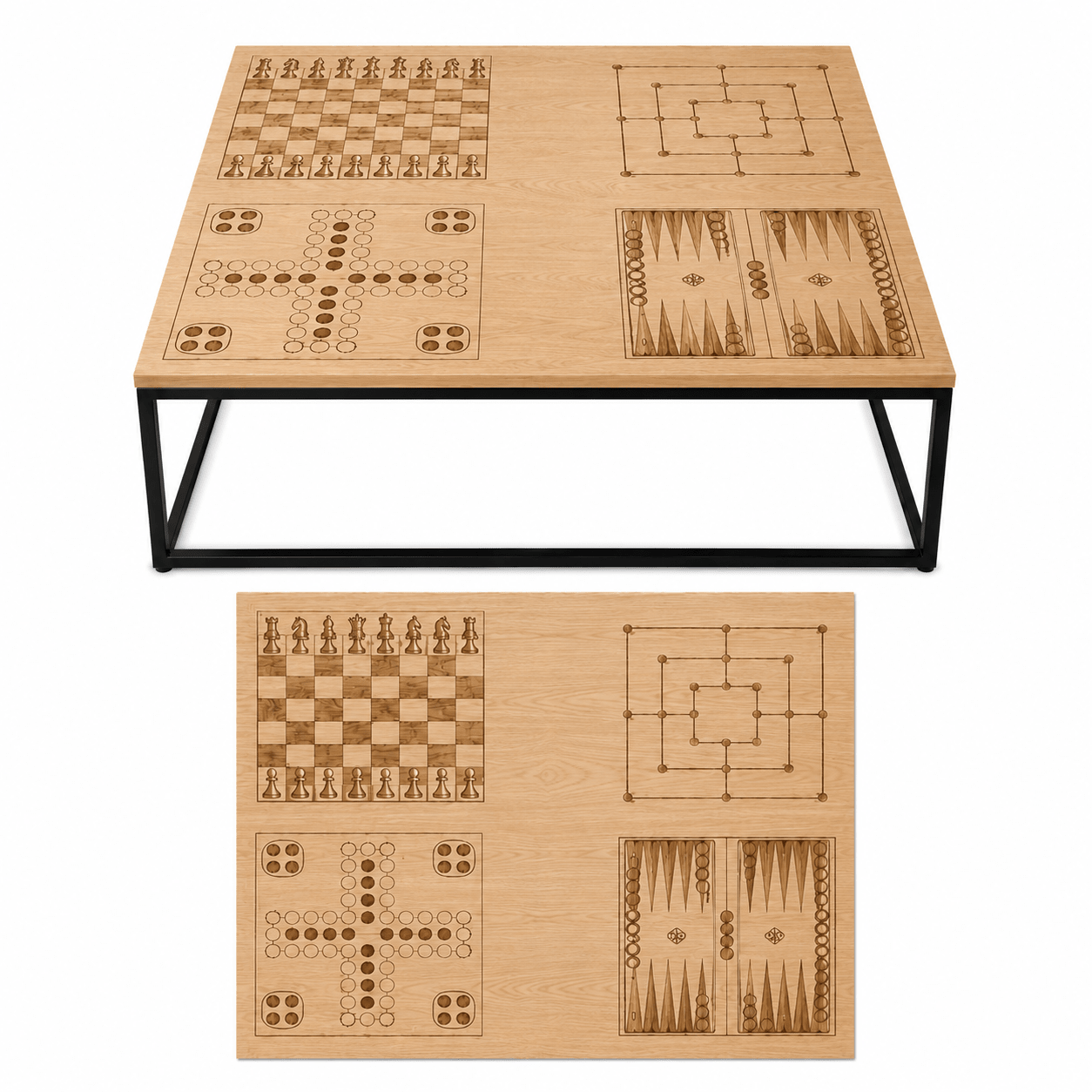 Couchtisch "Playwood" mit 4 lasergravierten Brettspielen | Schach, Mühle, Mensch ärgere Dich nicht & Backgammon | - Wood-24
