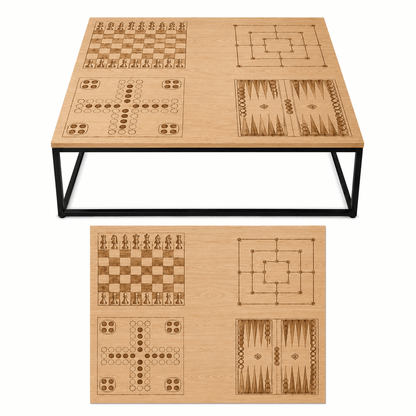 Couchtisch "Playwood" mit 4 lasergravierten Brettspielen | Schach, Mühle, Mensch ärgere Dich nicht & Backgammon | - Wood-24