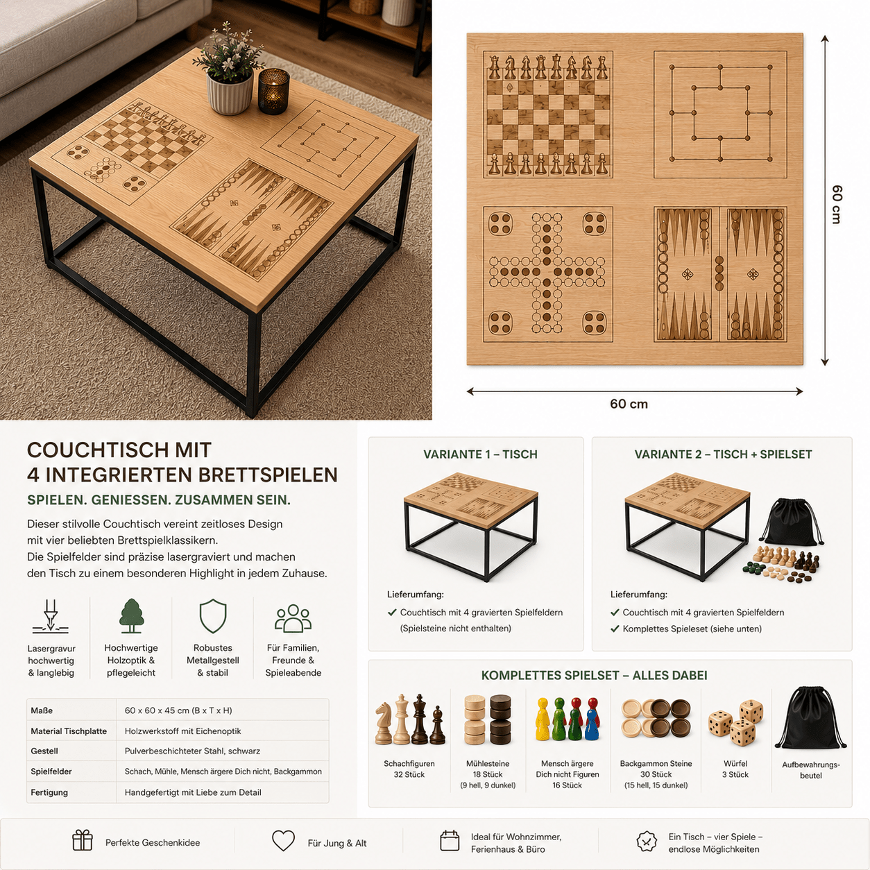 Couchtisch "Playwood" mit 4 lasergravierten Brettspielen | Schach, Mühle, Mensch ärgere Dich nicht & Backgammon | - Wood-24
