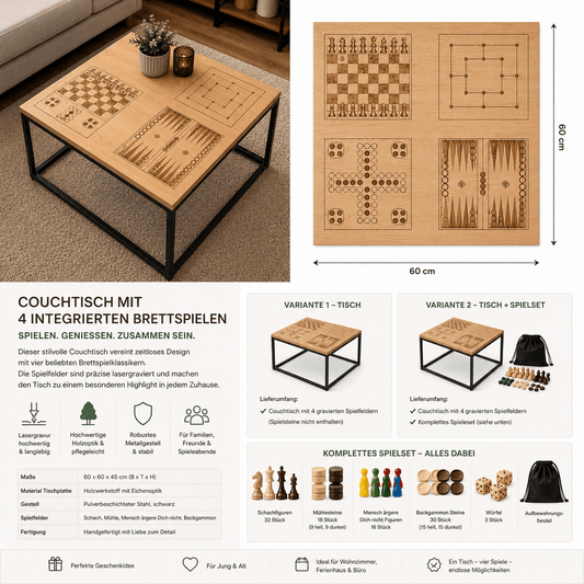 Couchtisch "Playwood" mit 4 lasergravierten Brettspielen | Schach, Mühle, Mensch ärgere Dich nicht & Backgammon | - Wood-24
