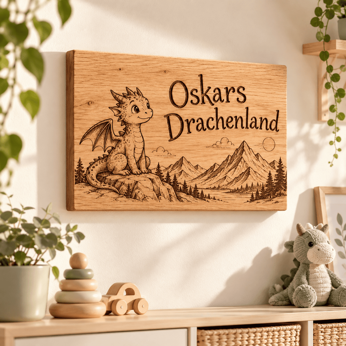 Drachenmut – Kinderzimmer-Wandschild Drache, Kinderzimmer-Beispiel; digitale Gestaltungsvisualisierung