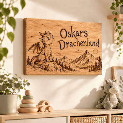 Drachenmut – Kinderzimmer-Wandschild Drache, Kinderzimmer-Beispiel; digitale Gestaltungsvisualisierung