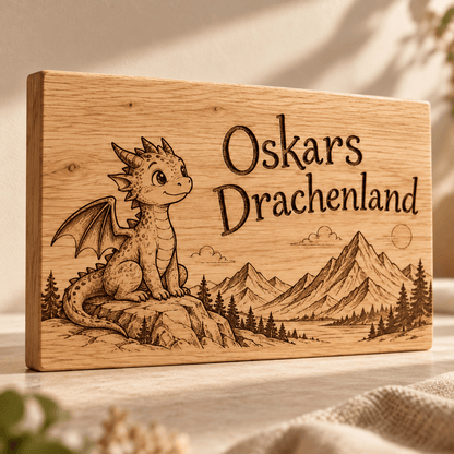 Drachenmut – Kinderzimmer-Wandschild Drache, Gravur und Holzdetail; digitale Gestaltungsvisualisierung