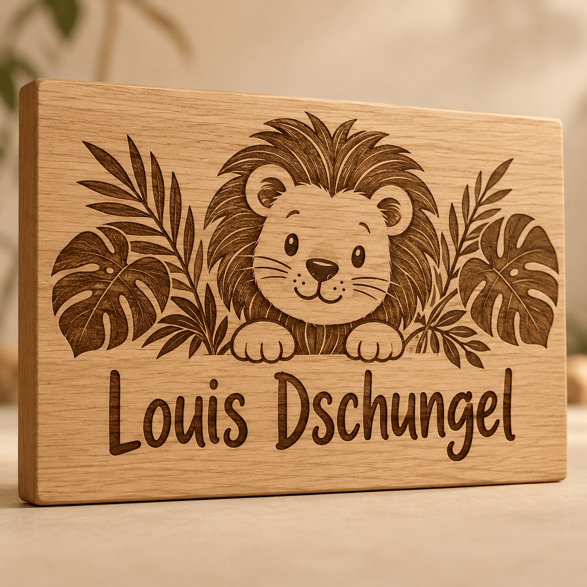 Dschungelkind – Kinderzimmer-Wandschild Löwe, Produktansicht; digitale Gestaltungsvisualisierung