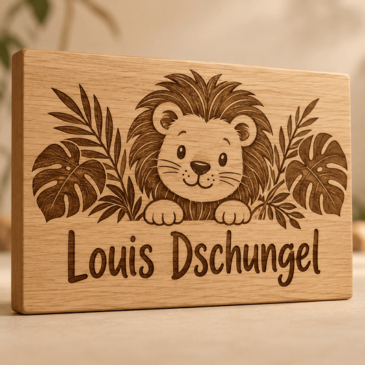 Dschungelkind – Kinderzimmer-Wandschild Löwe, Produktansicht; digitale Gestaltungsvisualisierung