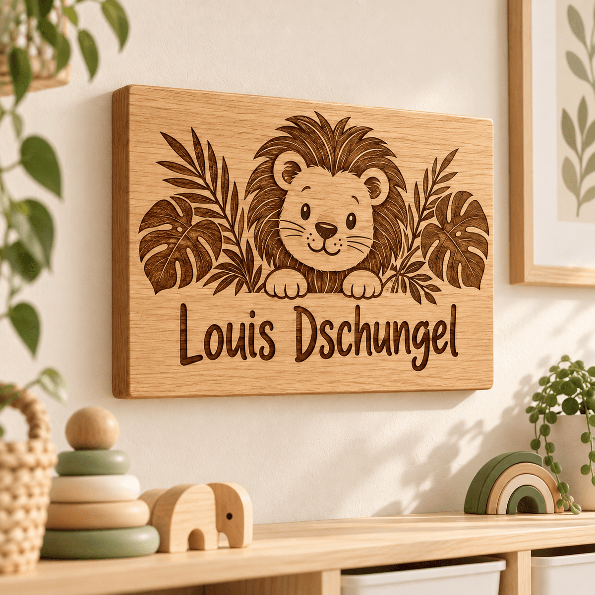 Dschungelkind – Kinderzimmer-Wandschild Löwe, Kinderzimmer-Beispiel; digitale Gestaltungsvisualisierung