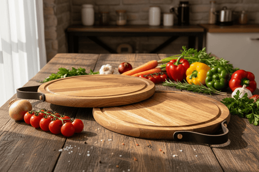 Eichenholz Schneidebrett mit Saftrinne und Ledergriff - Woodequipment24