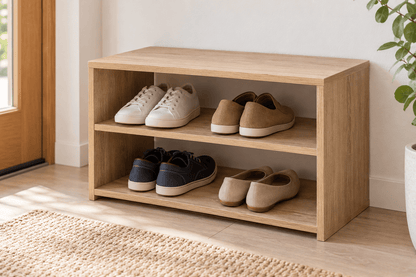 Eingangsbank – Schuhregal mit zwei Ebenen in Eicheoptik – Produktansicht mit Beispielpersonalisierung