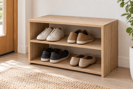 Eingangsbank – Schuhregal mit zwei Ebenen in Eicheoptik – Produktansicht mit Beispielpersonalisierung