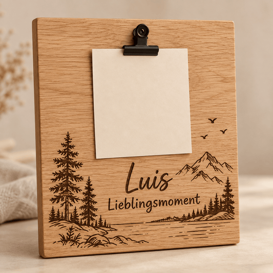Erinnerungskarte – Personalisierte Fototafel mit Metallclip, Produktansicht; digitale Gestaltungsvisualisierung