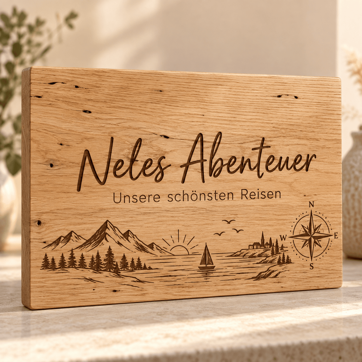 Erinnerungsleiste – Personalisiertes Schild für Urlaubserinnerungen, Produktansicht; digitale Gestaltungsvisualisierung