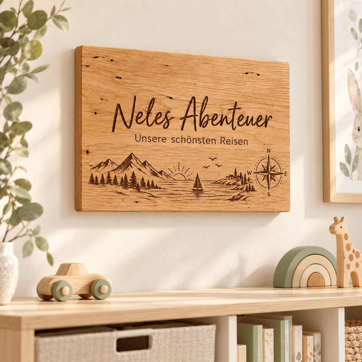 Erinnerungsleiste – Personalisiertes Schild für Urlaubserinnerungen, Kinderzimmer-Beispiel; digitale Gestaltungsvisualisierung