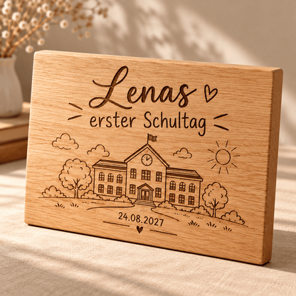 Erster Schultag – Erinnerungstafel zur Einschulung, Gravur und Holzdetail; digitale Gestaltungsvisualisierung