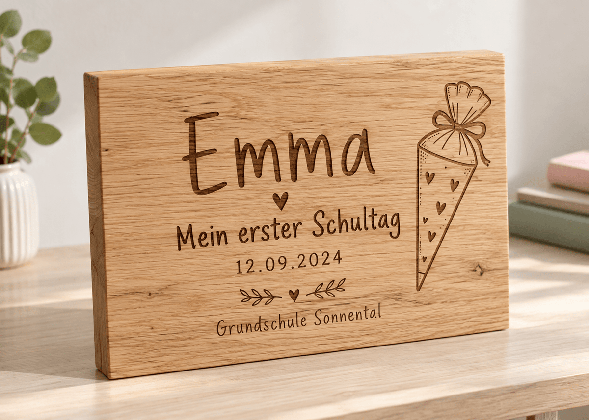 ErsterSchultag – Erinnerungstafel zur Einschulung aus Eiche – Produktansicht mit Beispielpersonalisierung