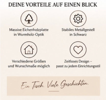 Esstisch aus massiver Wurmeiche mit schwarzem Metallgestell - Wood-24