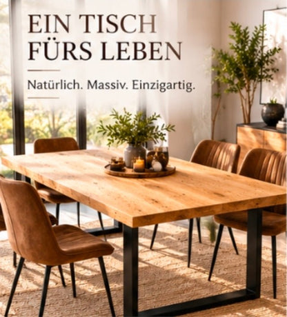 Esstisch aus massiver Wurmeiche mit schwarzem Metallgestell - Wood-24