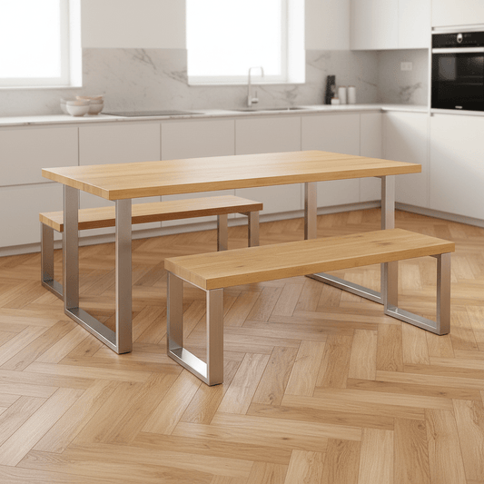 Esstisch mit Bänken aus massiver Eiche & Edelstahl Kufen I Handmade I Industrial Design I - Woodequipment24