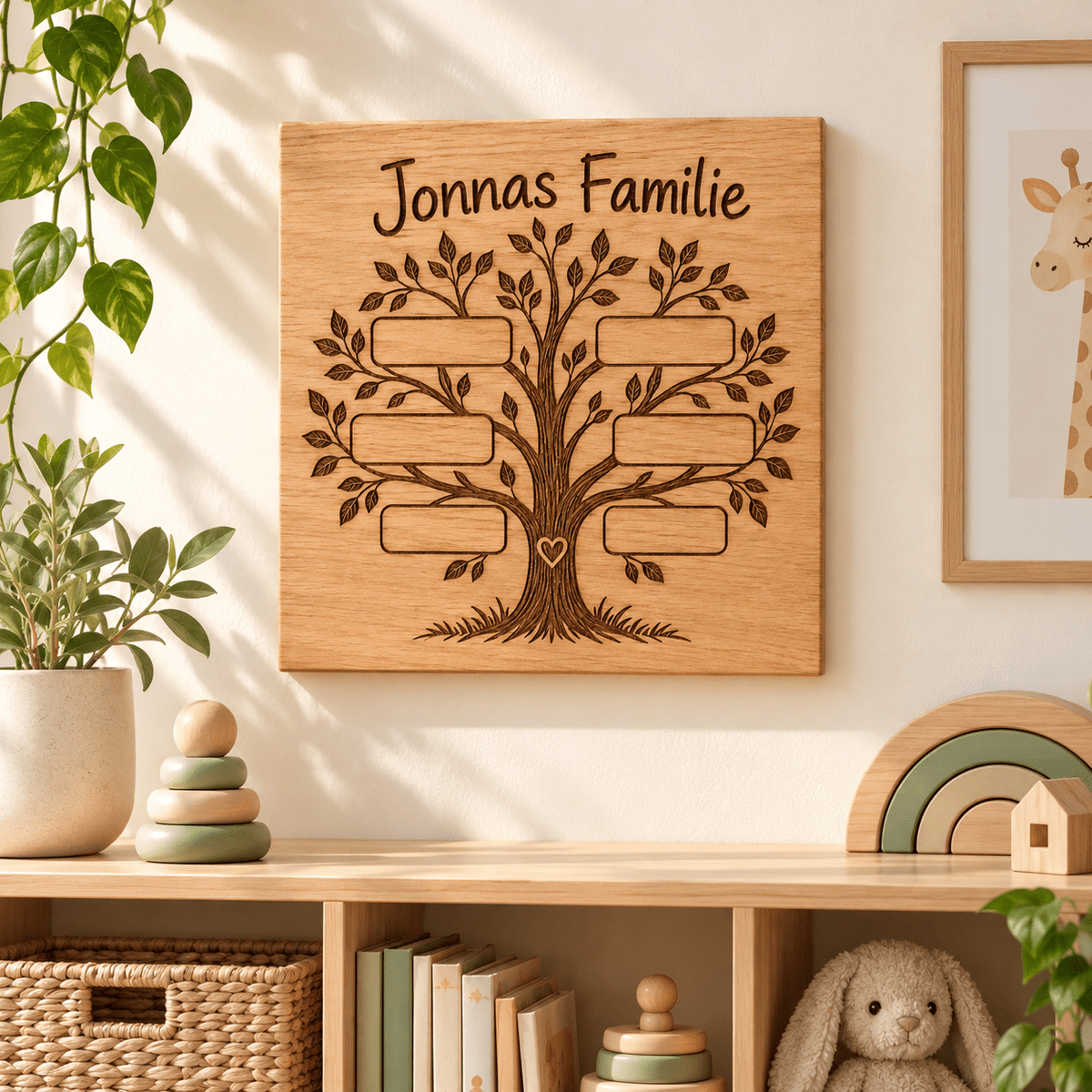 Familienwurzeln – Stammbaum-Tafel für Kinder, Kinderzimmer-Beispiel; digitale Gestaltungsvisualisierung