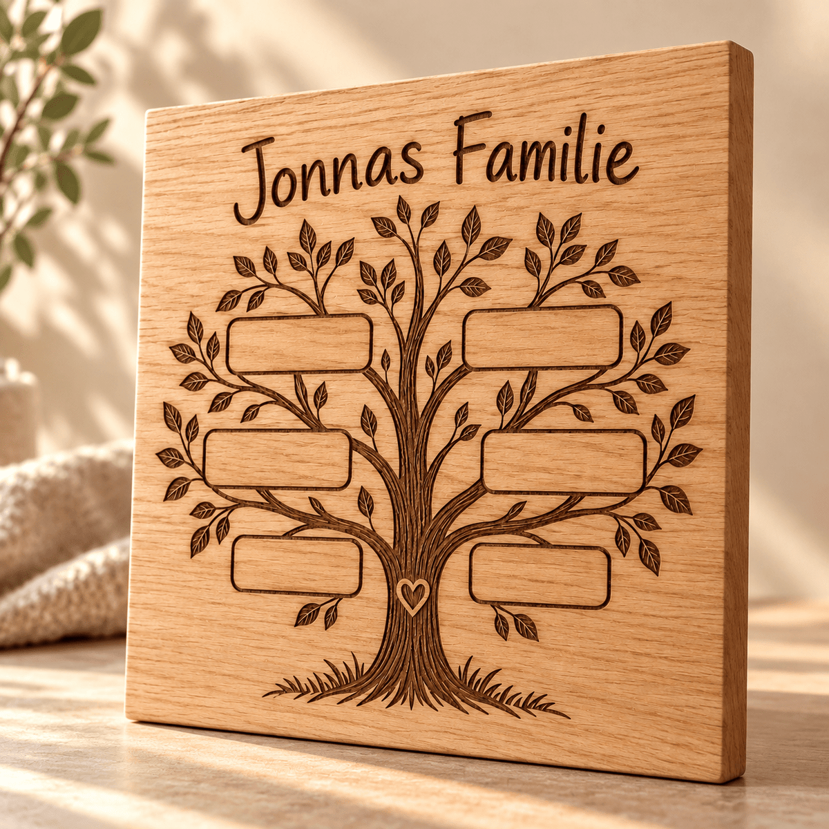 Familienwurzeln – Stammbaum-Tafel für Kinder, Gravur und Holzdetail; digitale Gestaltungsvisualisierung